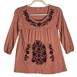 Garnet Hill Sz XS Folkloric Boho‎ Floral Embroidered Swing Top 3/4 Bishop Sleeve